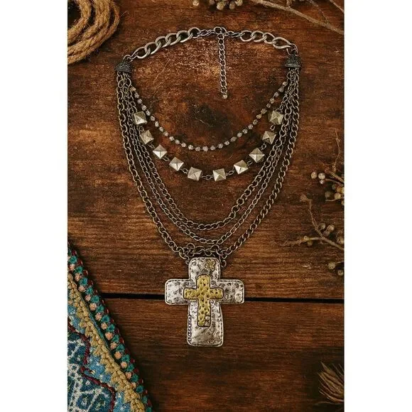 Y2K Vintage Womens Chunky Tiered Studded Beaded Chain Cross Necklace Western - Picture 1 of 8